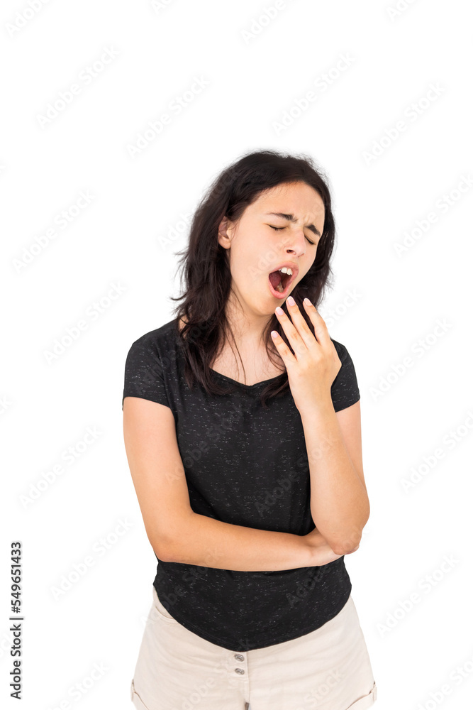 Beautiful young brunette girl yawns. Isolated on white background Beautiful young brunette girl yawns. Isolated on white background