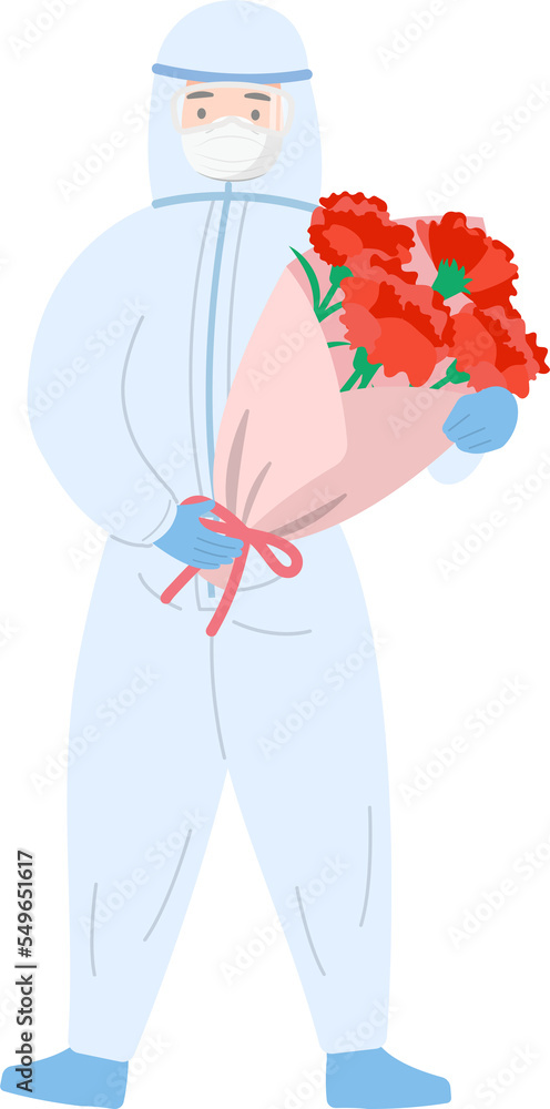 Obraz premium Paramedic or doctor or scientist or medical specialist wearing protective clothing, mother's day with carnations, thank mother