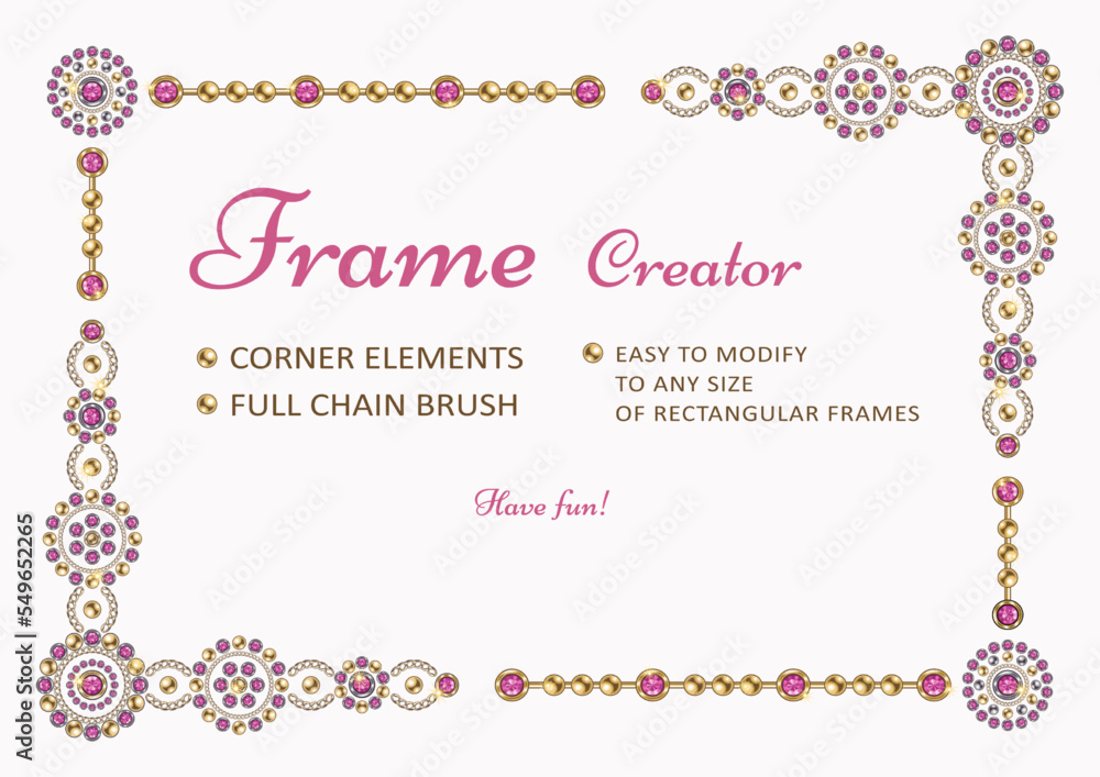 Frame creator with corner elements, round jewelry motifs, pattern chain brush. Easy to modify to various size of frame. Silver, gold elements with pink gems. White background. Vintage style.
