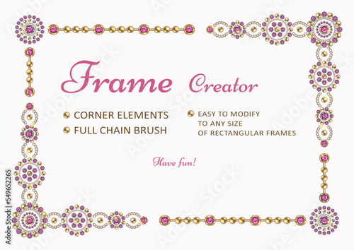 Frame creator with corner elements, round jewelry motifs, pattern chain brush. Easy to modify to various size of frame. Silver, gold elements with pink gems. White background. Vintage style.