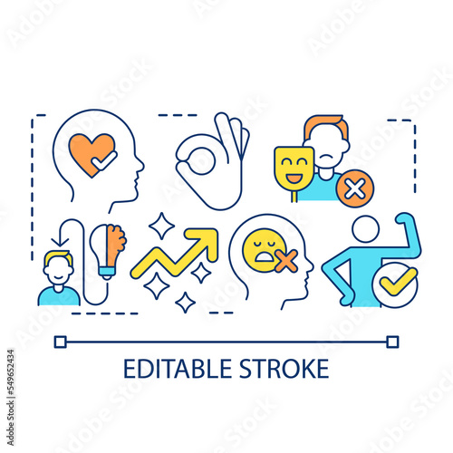 Quiet your inner critic concept icon. Stay present. Living in moment. Beating imposter syndrome tip abstract idea thin line illustration. Isolated outline drawing. Editable stroke. Arial font used