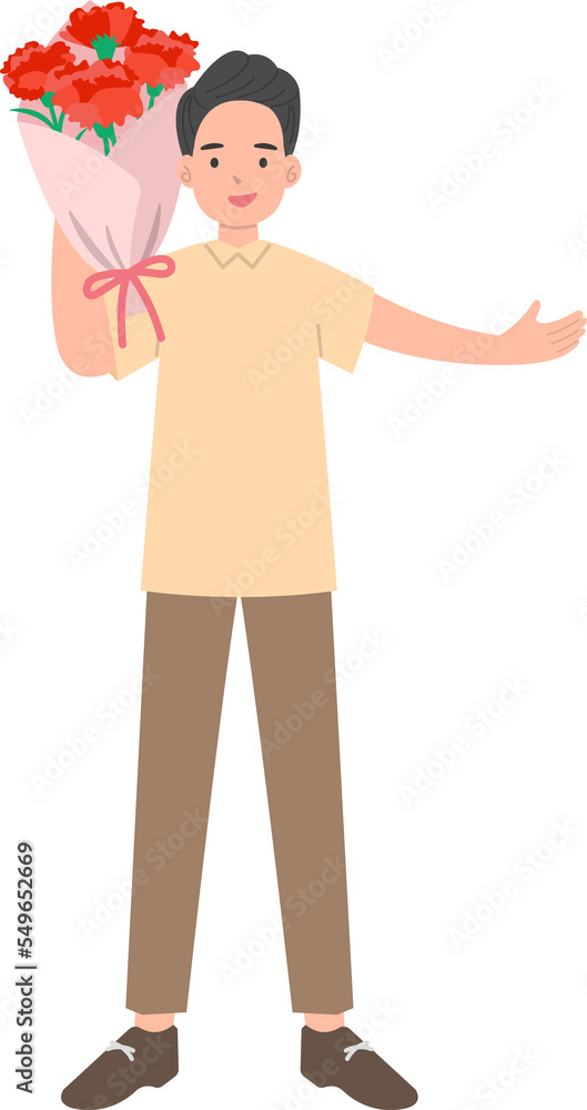 Male happy celebrating and thanking mother, mothers day with carnation flowers Male happy celebrating and thanking mother, mothers day with carnation flowers