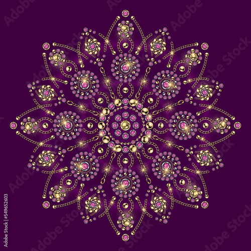 Jewellery luxury mandala with round motifs. Ornament made of gold jewelry chains, pink gems, rhinestones, ball beads in vintage style. For prints, poster, cover, textile, surface design.