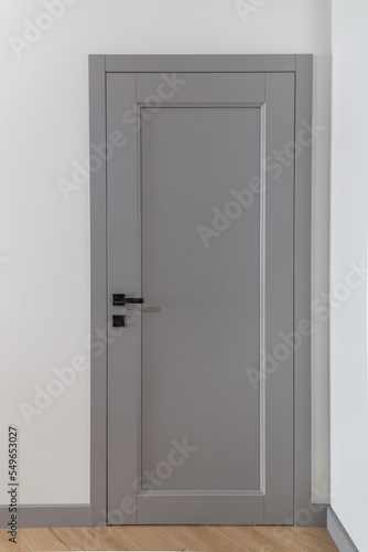 Modern Front door made of wood. Frontal view to the wooden door in home interior room with wooden floors and grey walls.