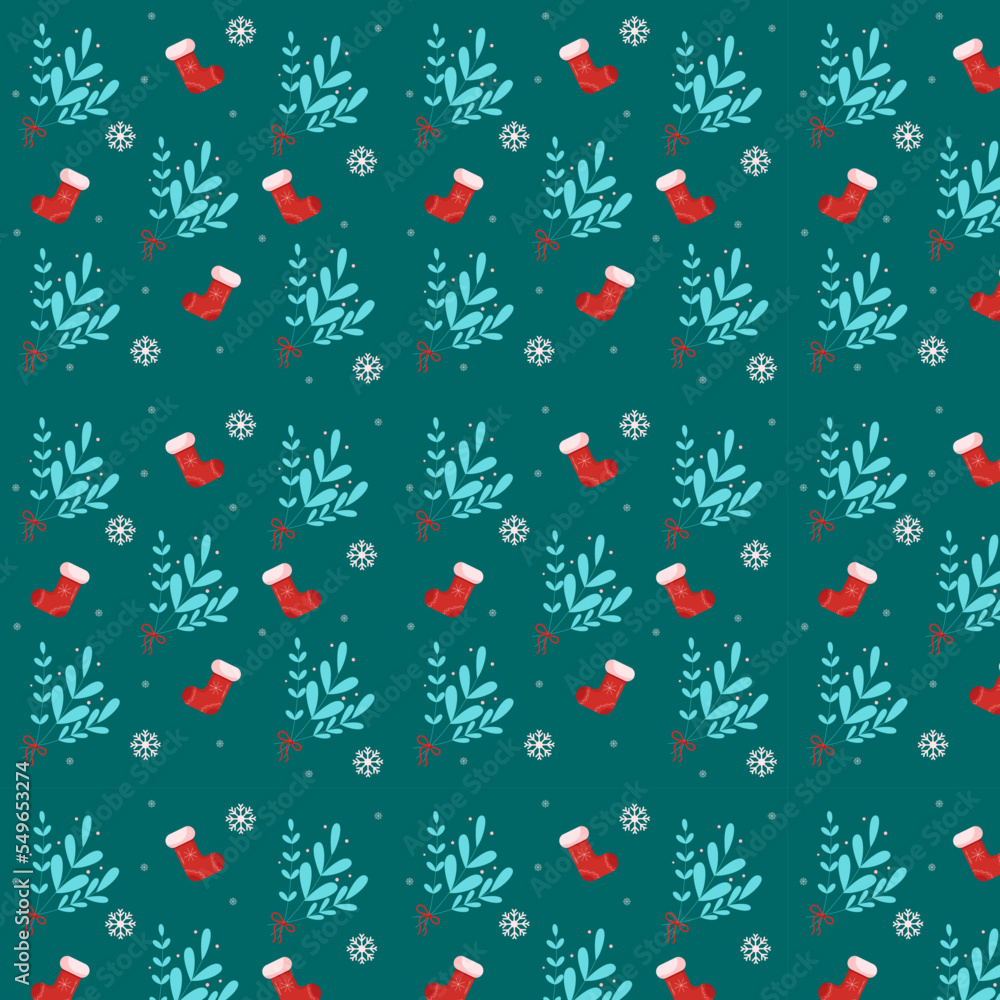 Christmas seamless pattern. Snowflakes, twig and sock. Vector illustration, traditional colors Christmas seamless pattern. Snowflakes, twig and sock. Vector illustration, traditional colors