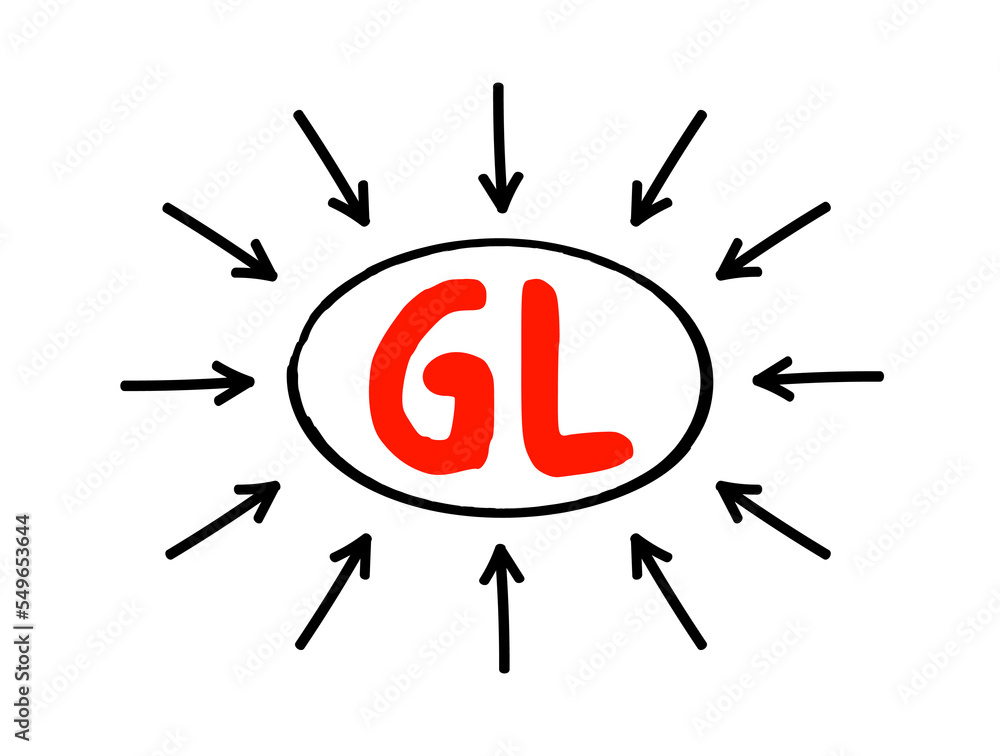 GL - General Ledger is a record of all past transactions of a company, organized by accounts, acronym text concept with arrows GL - General Ledger is a record of all past transactions of a company, organized by accounts, acronym text concept with arrows