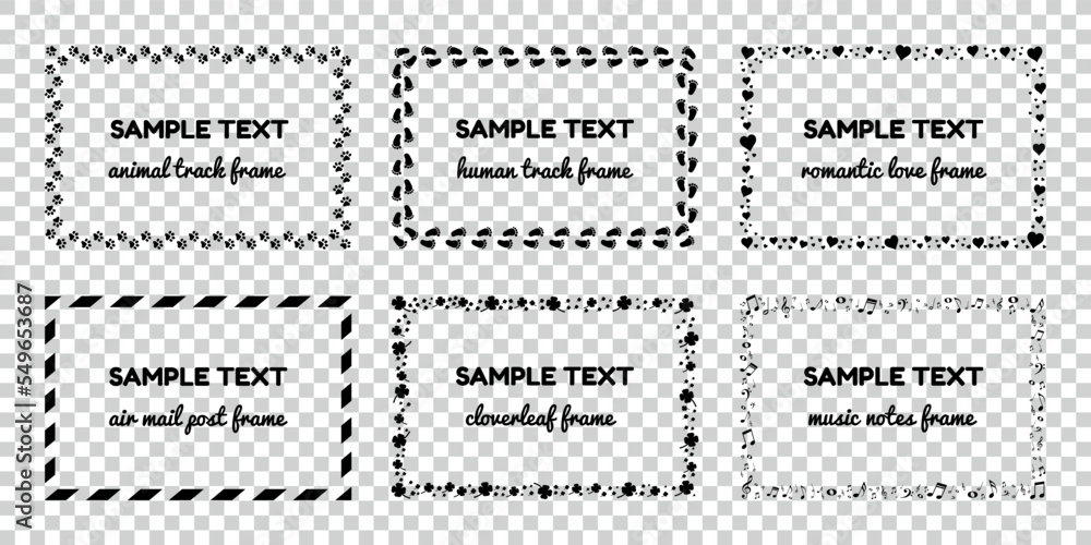 Different Isolated Frames Set - Animal Track, Human Track, Romantic, Air Mail, Shamrock And Music Notes Vector Illustrations On Transparent Background Different Isolated Frames Set - Animal Track, Human Track, Romantic, Air Mail, Shamrock And Music Notes Vector Illustrations On Transparent Background