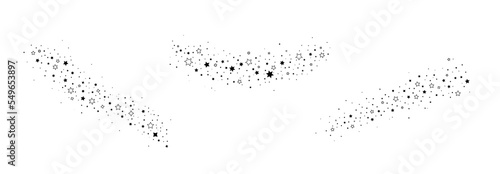 Set of magic dust waves, star trails. Christmas magic trail of stardust, line of comets. Abstract background. Magic fairy dust. Shooting stars isolated on white. Glamorous design. Vector illustration