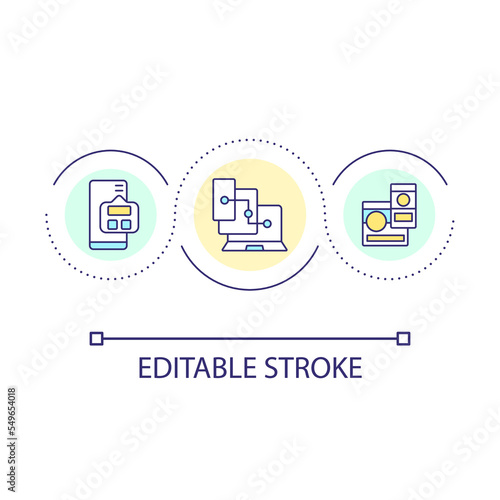 Publishing content loop concept icon. Posting information. Social media. Data storage abstract idea thin line illustration. Isolated outline drawing. Editable stroke. Arial font used