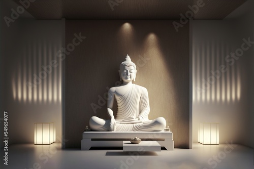 white buddha in luxury room. LED light built in  minimalist  3D rendering