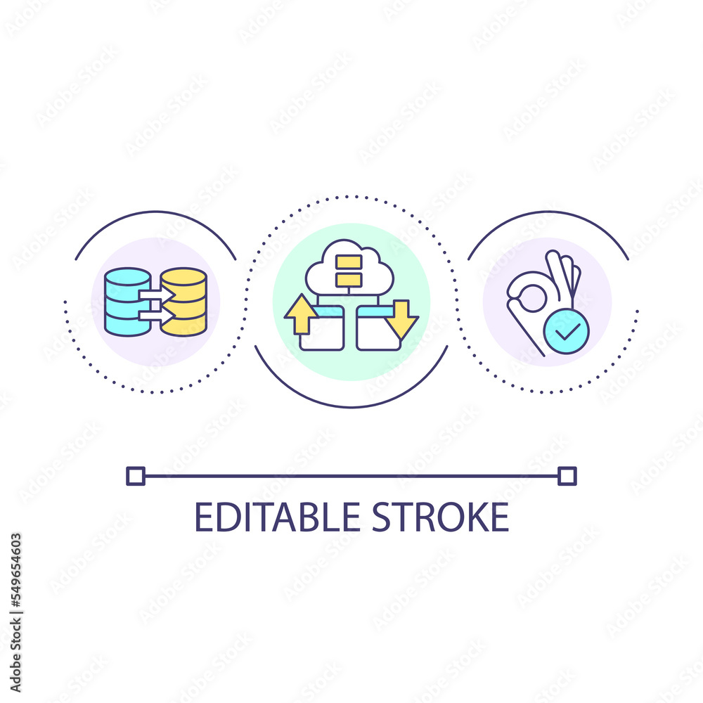 Database transfer loop concept icon. Information storage migration. Moving web data to new server abstract idea thin line illustration. Isolated outline drawing. Editable stroke. Arial font used