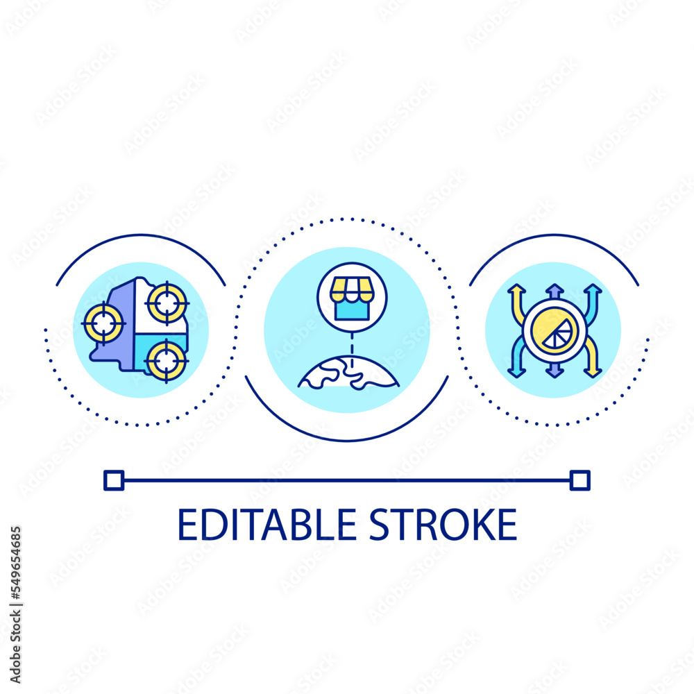Expanding store chain loop concept icon. Brand building. Retail business management. Development abstract idea thin line illustration. Isolated outline drawing. Editable stroke. Arial font used Expanding store chain loop concept icon. Brand building. Retail business management. Development abstract idea thin line illustration. Isolated outline drawing. Editable stroke. Arial font used