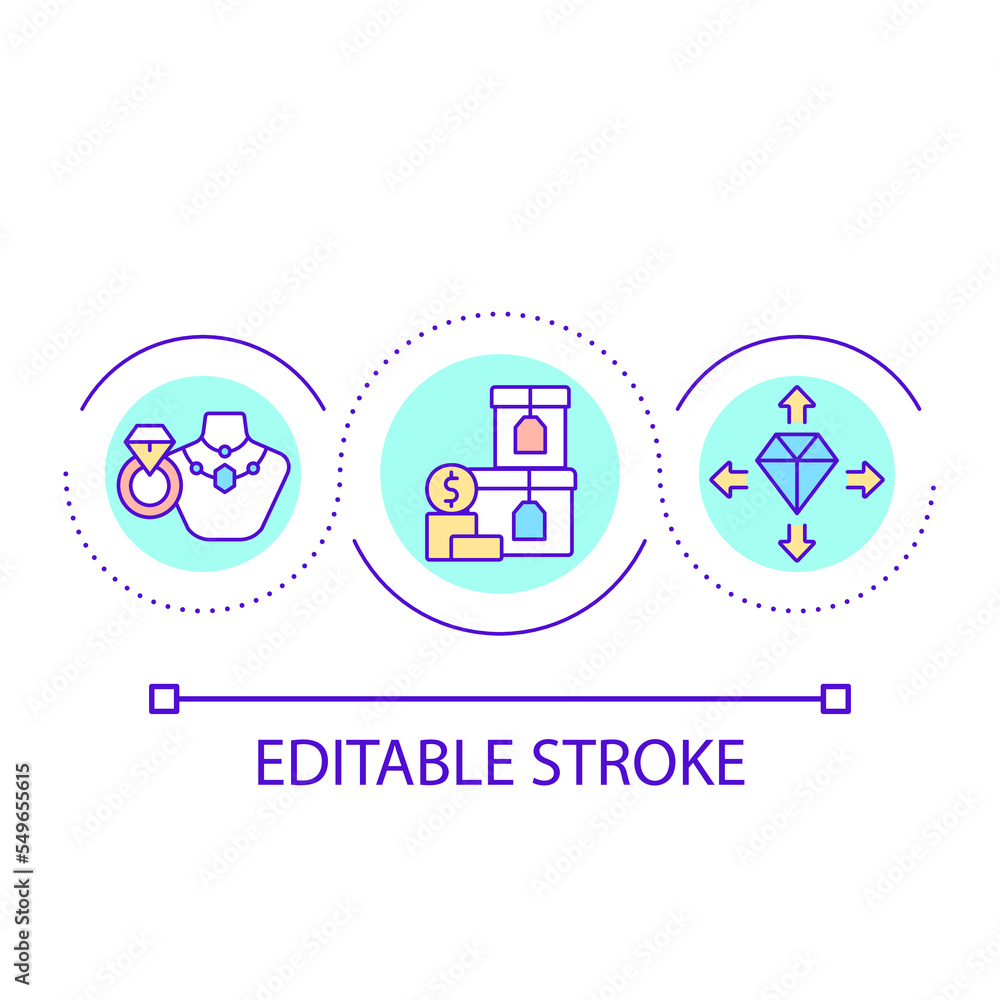 Jewelry products loop concept icon. Buying precious accessories. Luxury goods. Gemstone decoration abstract idea thin line illustration. Isolated outline drawing. Editable stroke. Arial font used