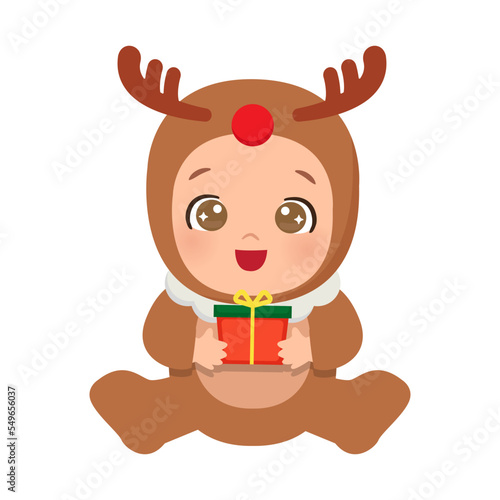 Cute baby wearing Christmas reindeer costume. Flat vector cartoon design
