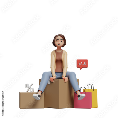 young woman sitting on a box of groceries, 3d illustration of a woman shopping