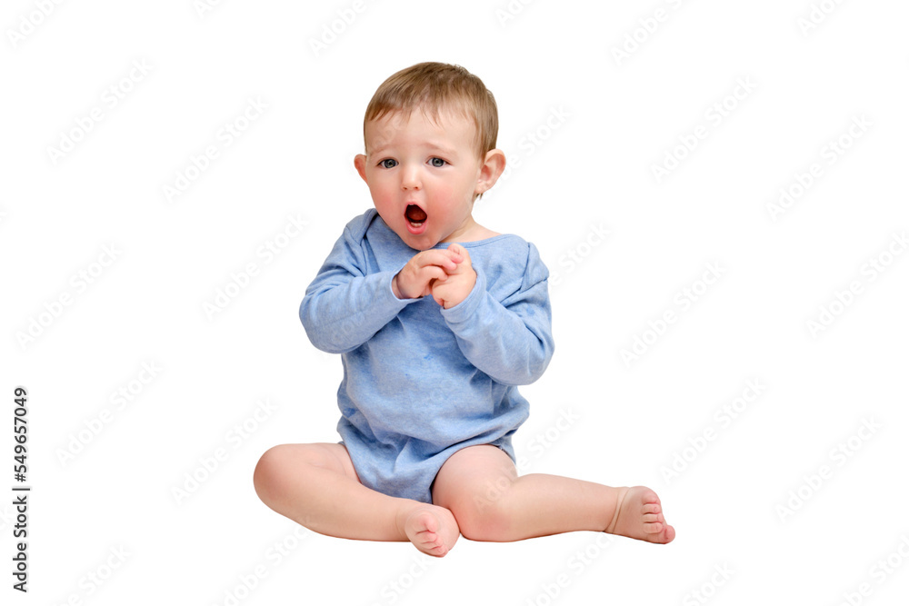 Scared of a toddler baby , isolated on a white background. Funny child in danger. Kid aged one year and two months Scared of a toddler baby , isolated on a white background. Funny child in danger. Kid aged one year and two months