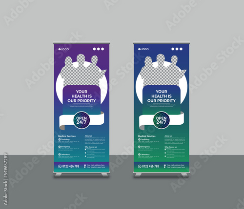 Medical healthcare roll-up banner template or medical services promotion standee roll-up banner design