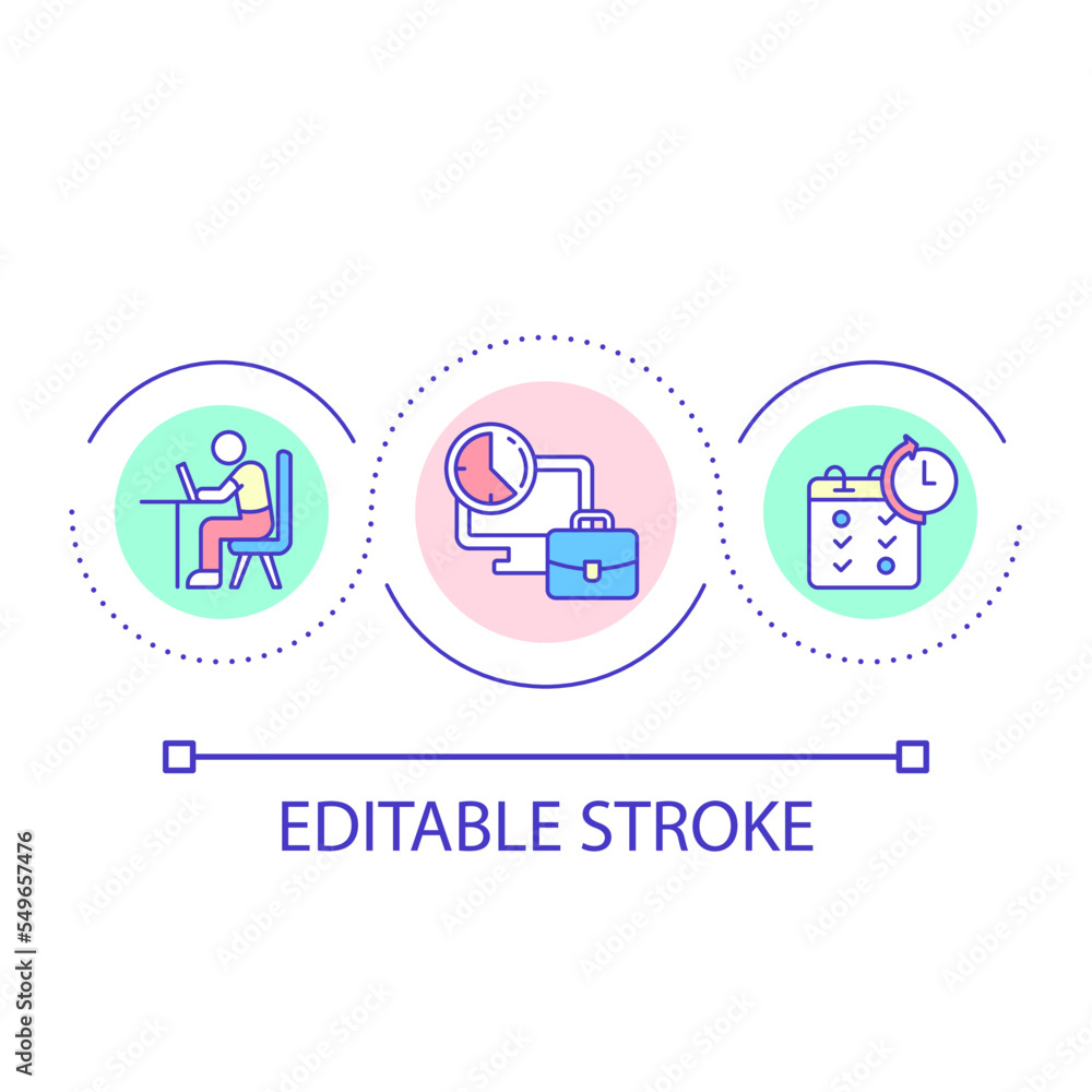 Work schedule loop concept icon. Job timetable. Business time management. Prevent burnout abstract idea thin line illustration. Isolated outline drawing. Editable stroke. Arial font used Work schedule loop concept icon. Job timetable. Business time management. Prevent burnout abstract idea thin line illustration. Isolated outline drawing. Editable stroke. Arial font used