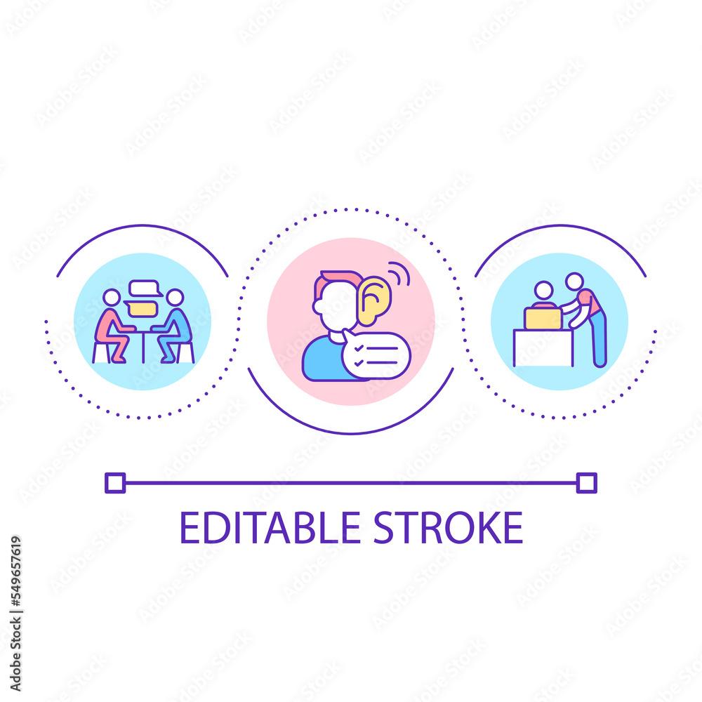 Friendly work environment loop concept icon. Supportive collective. Professional help abstract idea thin line illustration. Isolated outline drawing. Editable stroke. Arial font used