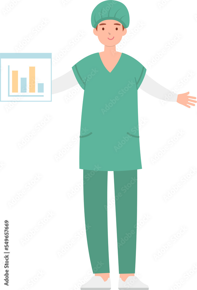 Male paramedic or doctor or nurse wearing surgical gown with statistic chart for bar chart or infographic Male paramedic or doctor or nurse wearing surgical gown with statistic chart for bar chart or infographic