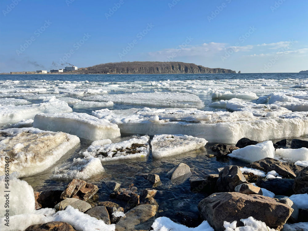 Ice drift off the coast of Patroclus (Patrokl) Bay in March. Russia, Vladivostok city Ice drift off the coast of Patroclus (Patrokl) Bay in March. Russia, Vladivostok city