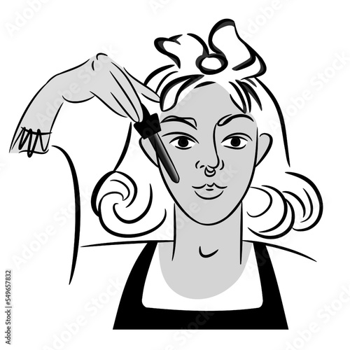 Young female applying moisturizing collagen serum, hand holding dropper with essential oil. Isolated black and white vector illustration. Skin care and rejuvenation concept. Facial skin cosmetics