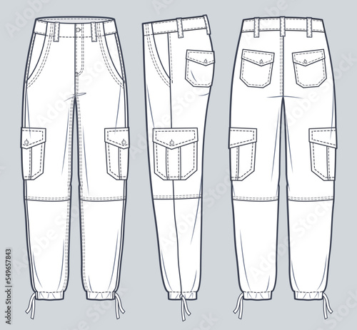 Cargo Pants technical fashion Illustration.  Jeans Pants fashion flat technical drawing template, pockets, front, side  and back view, white, women, men, unisex CAD mockup.