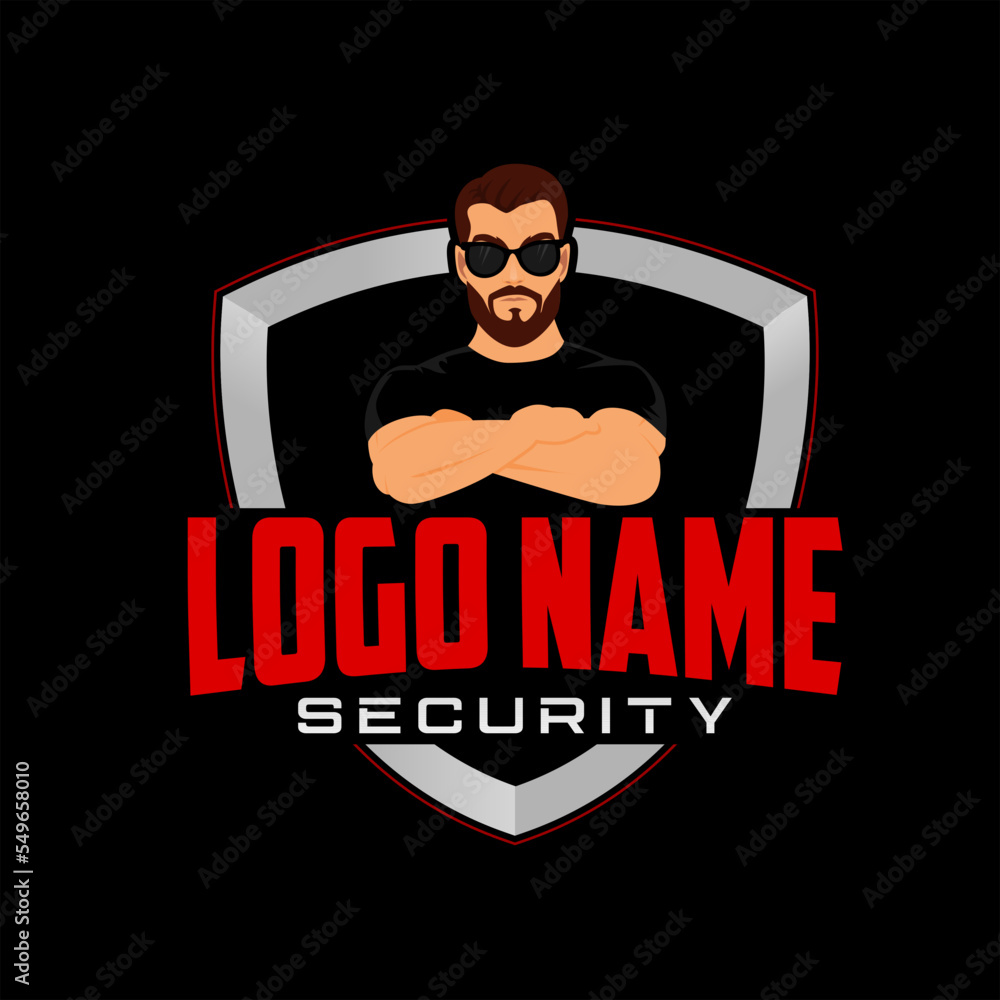 Body guard badge logo with character wearing black shirt and sunglasses. Vector illustration.