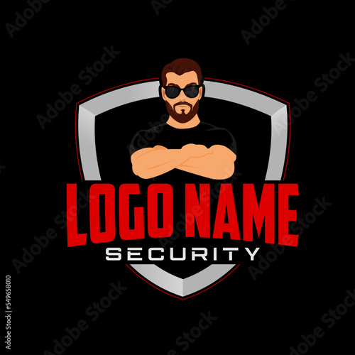 Body guard badge logo with character wearing black shirt and sunglasses. Vector illustration.