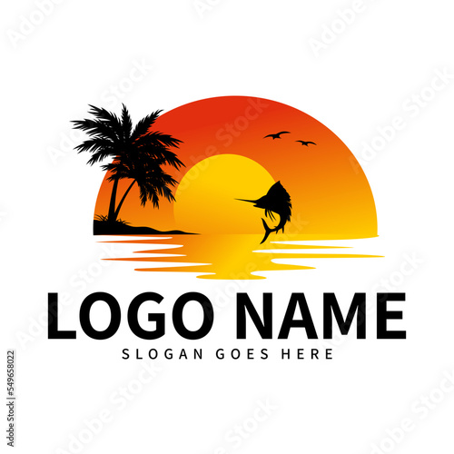 Sunset and beach logo with silhouette of marlin fish jumping from water, used for summer Travel and tour agency vector logo.