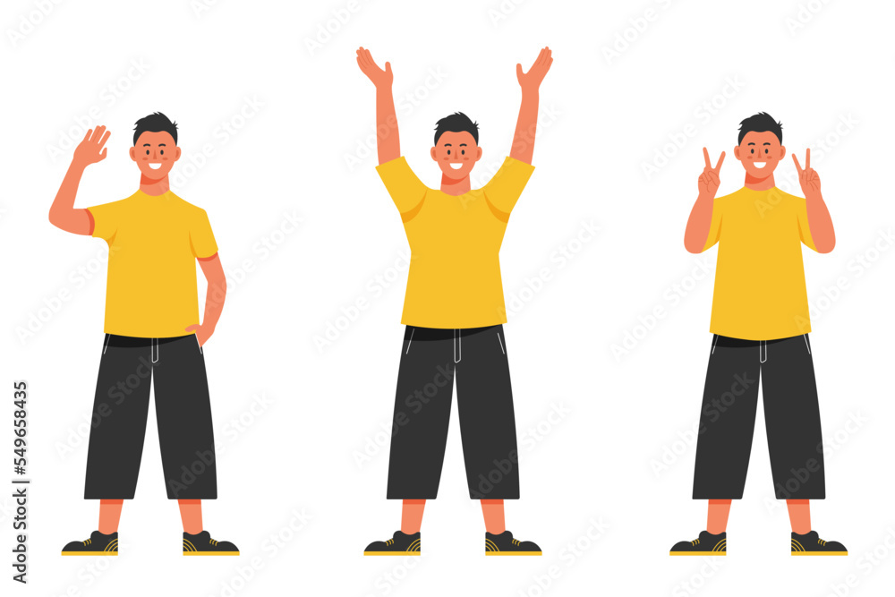 A young man in casual clothes standing and waving his hands in different poses. Set of isolated vector illustrations. A young man in casual clothes standing and waving his hands in different poses. Set of isolated vector illustrations.