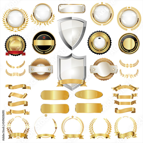 Vector medieval golden shields laurel wreaths and badges collection