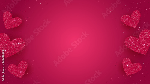 Valentine's day background. Red glitter hearts on red background