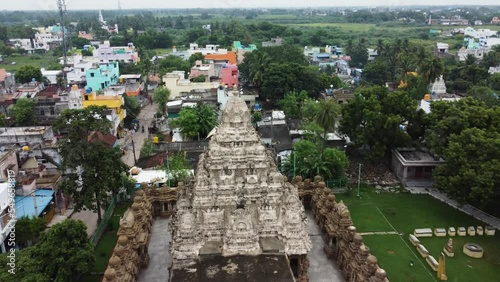 Aerial view of Kailasanathar temple in the Tamil Nadu city of Kanchipuram in South India. Outer view of Kailasanathar temple tower which is carved and sculpted mostly out of sandstone. photo