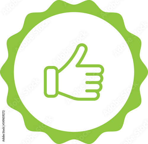 thump up green stamp. Symbol, outline icon, tag, badge, label, circle, green white vector round isolated on transparent background.