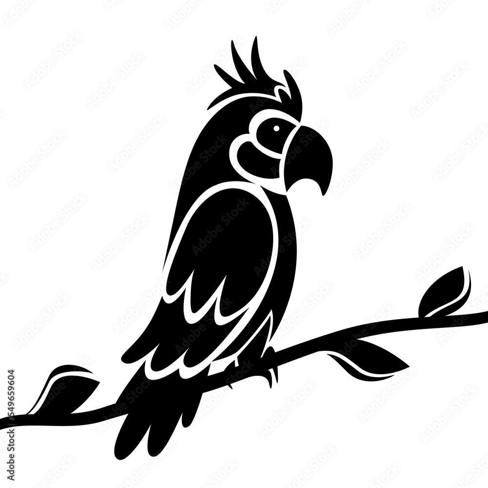 Parrot sits on a branch with leaves, black silhouette on white background. Parrot sits on a branch with leaves, black silhouette on white background.
