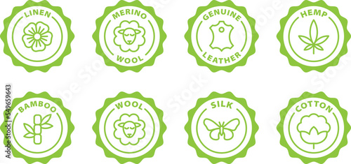 natural fabrics materials green stamp, icon set. Symbol, outline icon, tag, badge, label, circle, green white vector round isolated on transparent background. linen, wool, leather, hemp, bamboo, wool.