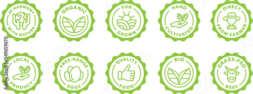 bio fresh local farm food icon set, green stamps. Symbol, outline icon, tag, badge, label, circle, green white vector round isolated on transparent background.