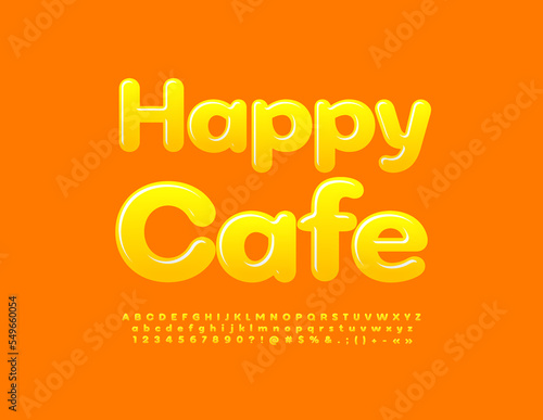 Vector sunny Emblem Happy Cafe. Cute Creative Font. Yellow Glossy Alphabet Letters, Numbers and Symbols set.