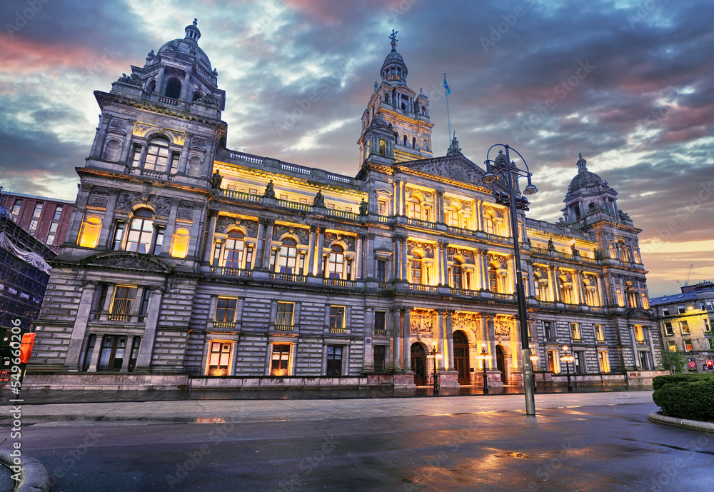 Glasgow City Chambers and George Square at dramatic sunrise, Scotland - UK
