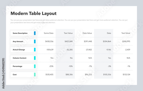 Modern table layout template with six colorful rows. Flat infographic design.