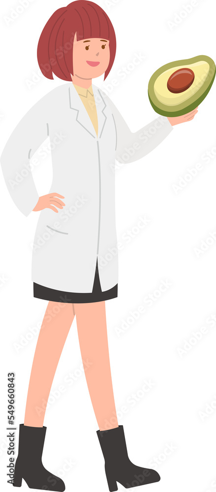 Obraz premium Female paramedic or doctor or nurse or scientist with avocado, healthy fruit