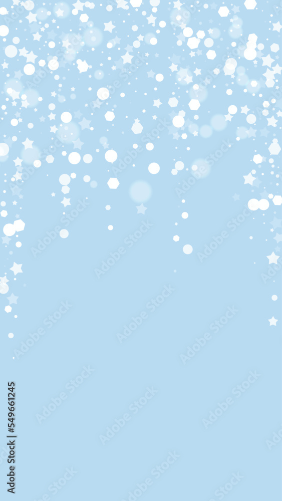 Snowy christmas background. Subtle flying snow flakes and stars on light blue winter backdrop. Delicate sweet snowy christmas. Vertical vector illustration. Snowy christmas background. Subtle flying snow flakes and stars on light blue winter backdrop. Delicate sweet snowy christmas. Vertical vector illustration.