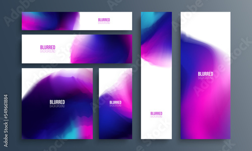 Set of vibrant colored flyers and banners. Bright abstract backgrounds with multicolored blurred gradients for your creative graphic design. Vector illustration.