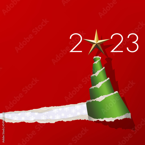 Carte de vœux 2023 avec un papier de couleur rouge déchiré, qui évoque un sapin de noël vert surmonté d’une étoile dorée.