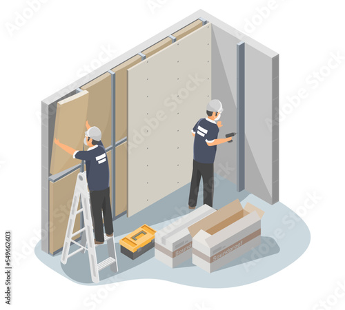 Soundproof walls service sound engineer team anti noise sound proof protect from outside wall house bedroom isometric