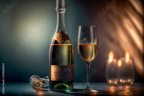 Glasses with champagne bottle in front of light play