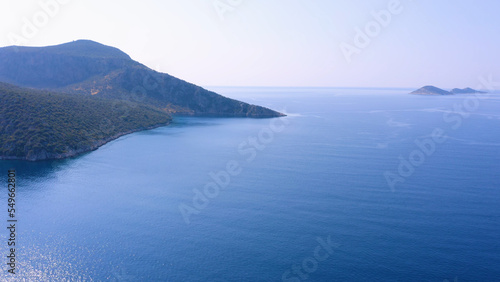 Beautiful landscape of sea and mountains. Epic seascape view from drone. Vacation concept.