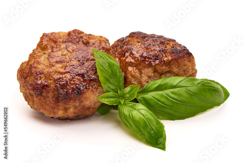 Fresh hommade Pork chicken cutlets from minced meat. Pan-fried meatballs. Healthy dinner for the family. Isolated on white background photo