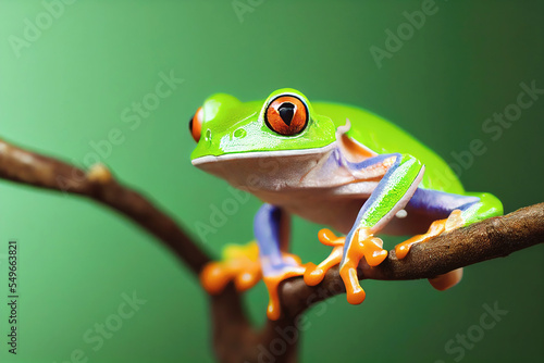 Cute green frog sitting in studio as animal illustration